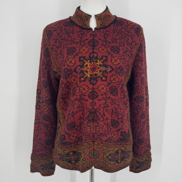 Peruvian Connection Sweaters - Peruvian Connection 100% Alpaca Mandarin Spice Jacket Size Medium Red Boho Artsy